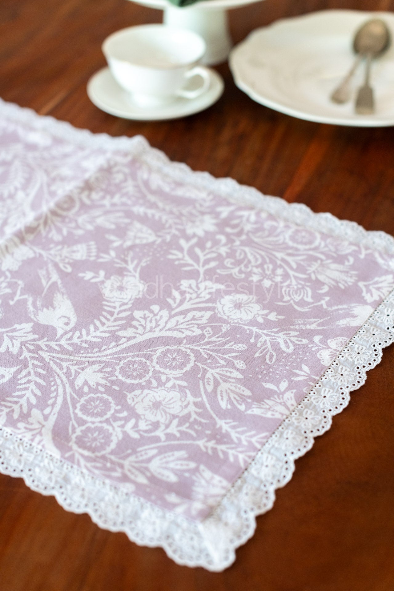 Printed cotton table runner with lace detailing-13x50 - inches