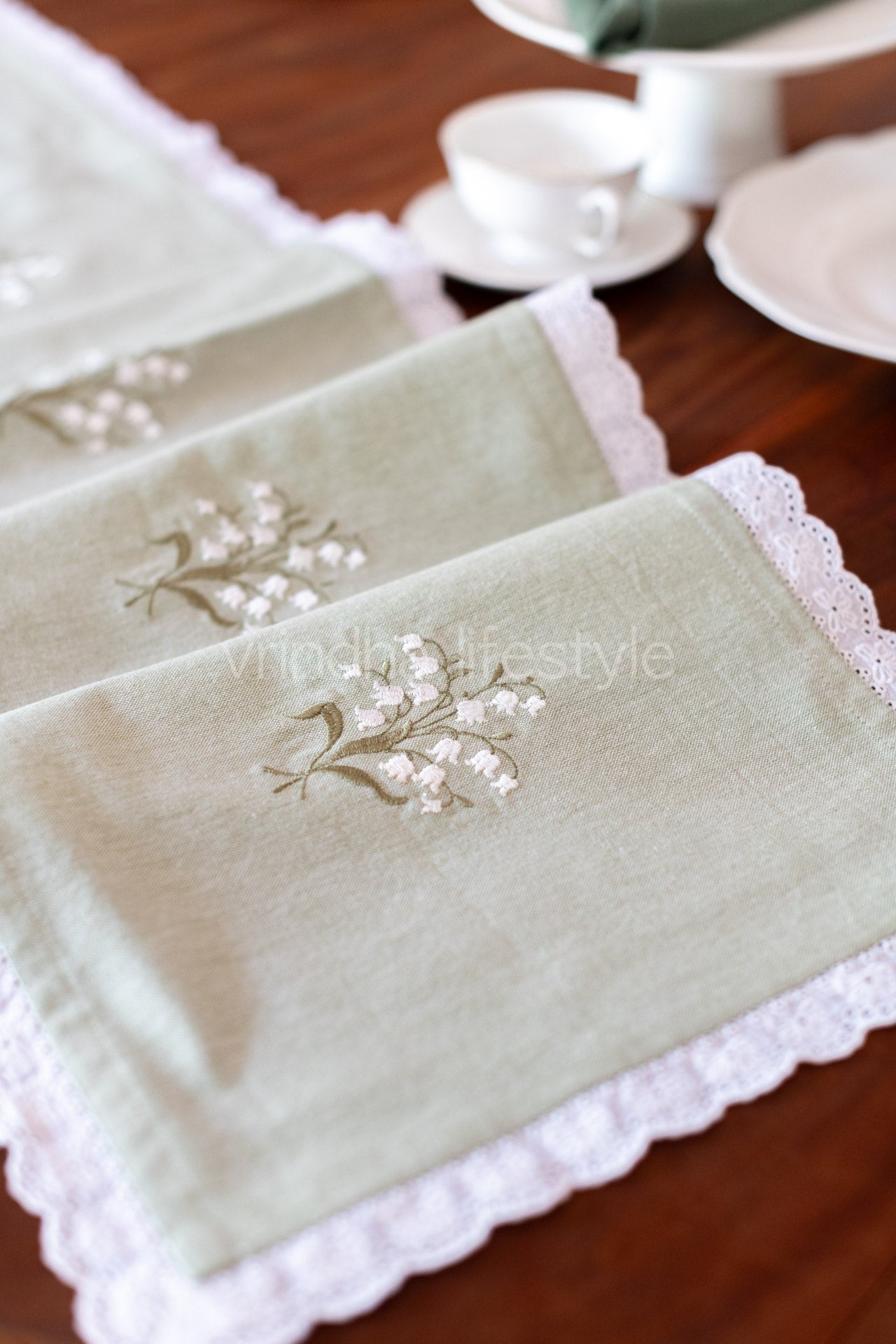 Cotton table runner with embroidery and lace detailing -13x60 inches