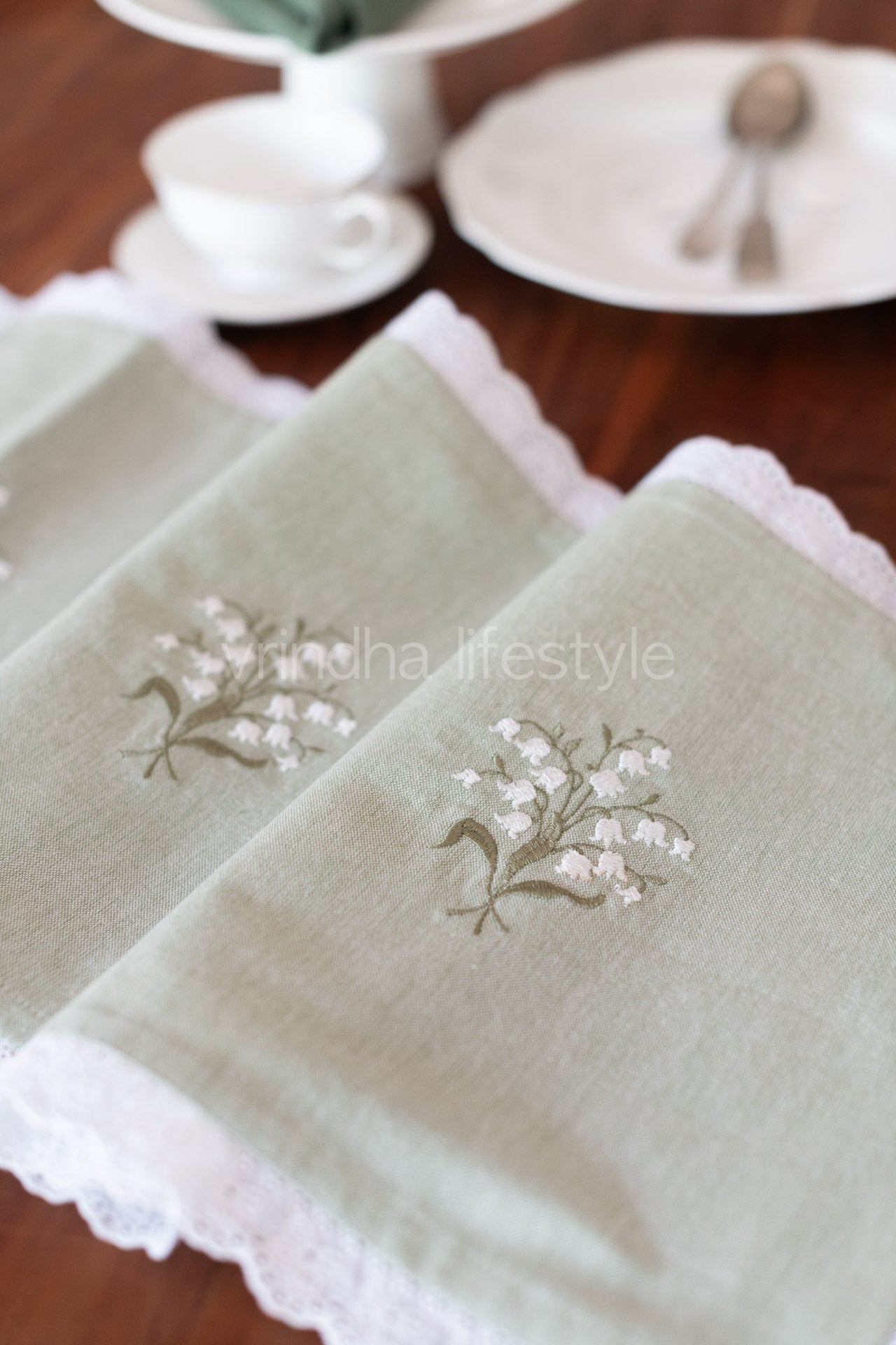 Cotton table runner with embroidery and lace detailing -13x60 inches