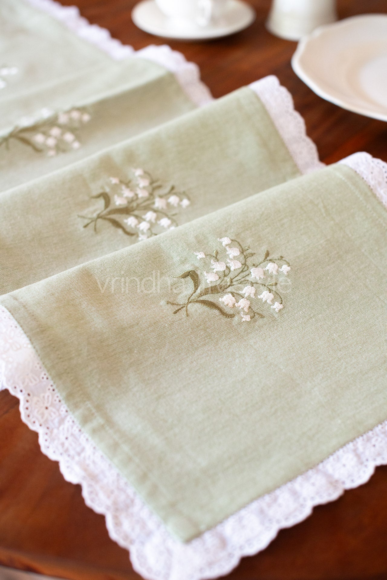 Cotton table runner with embroidery and lace detailing -13x60 inches