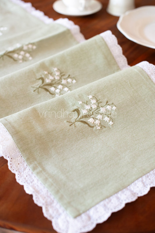 Cotton table runner with embroidery and lace detailing -13x60 inches