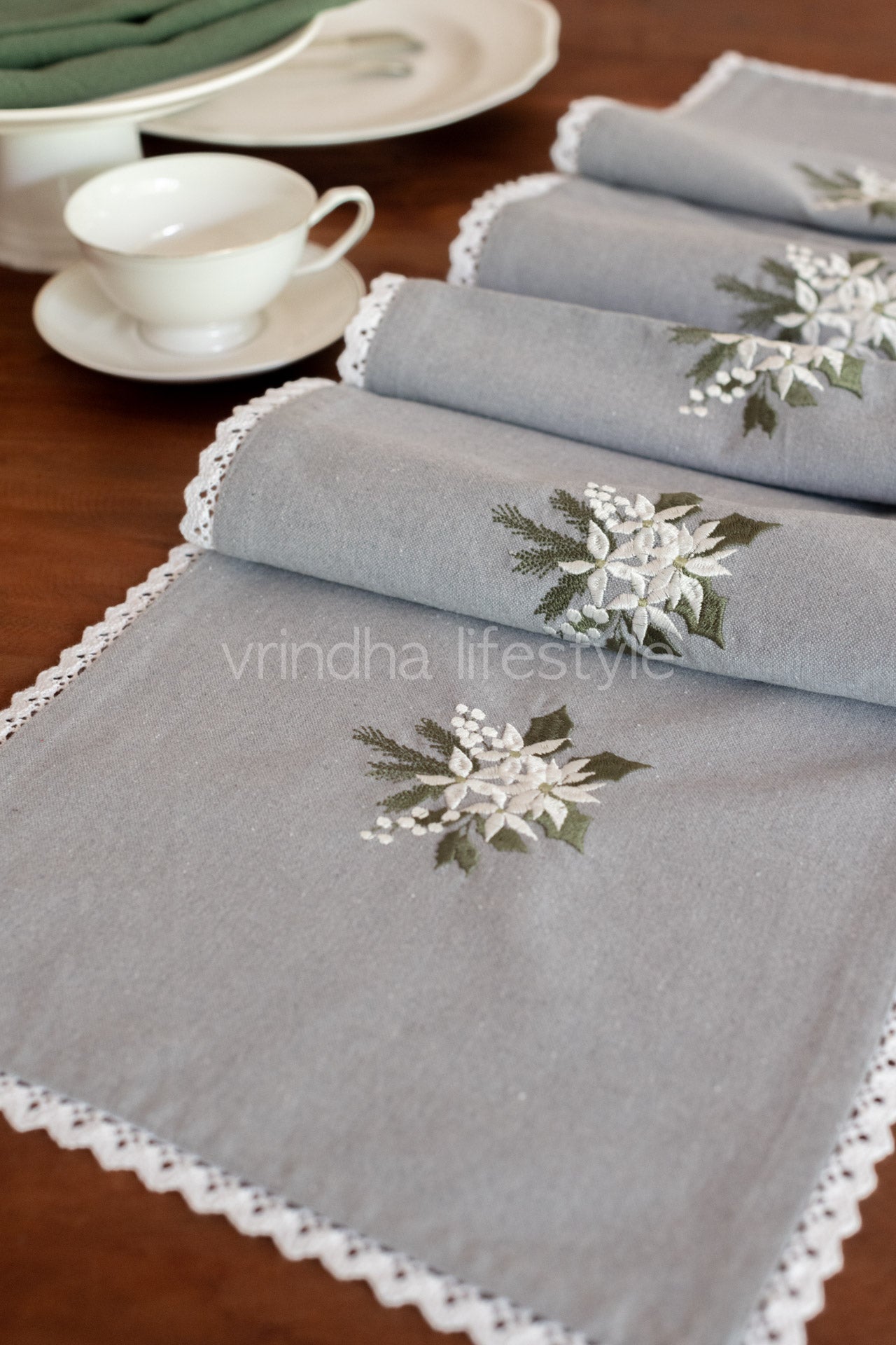 Cotton table runner with embroidery and lace detailing -12x70 inches