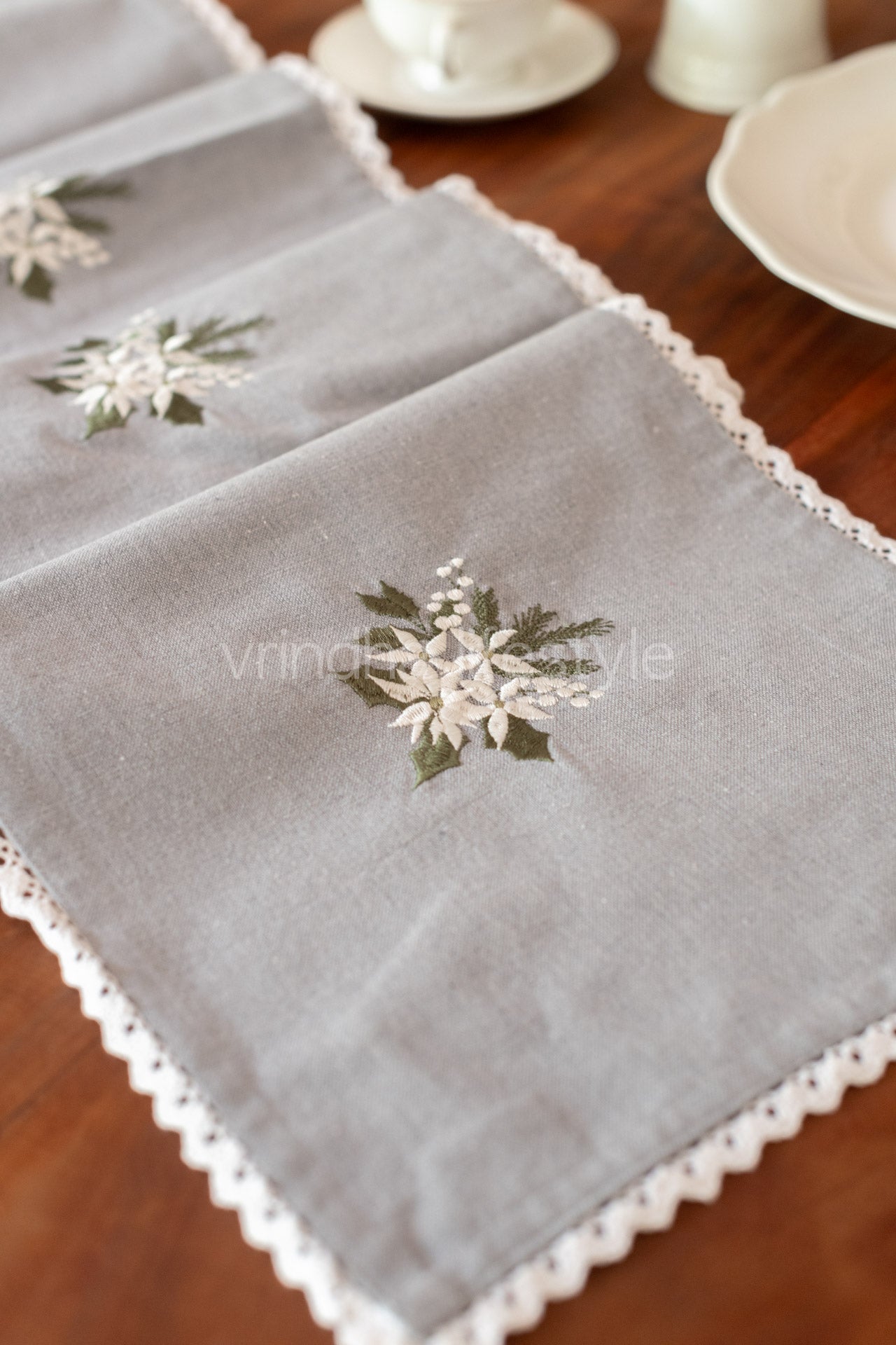 Cotton table runner with embroidery and lace detailing -12x70 inches
