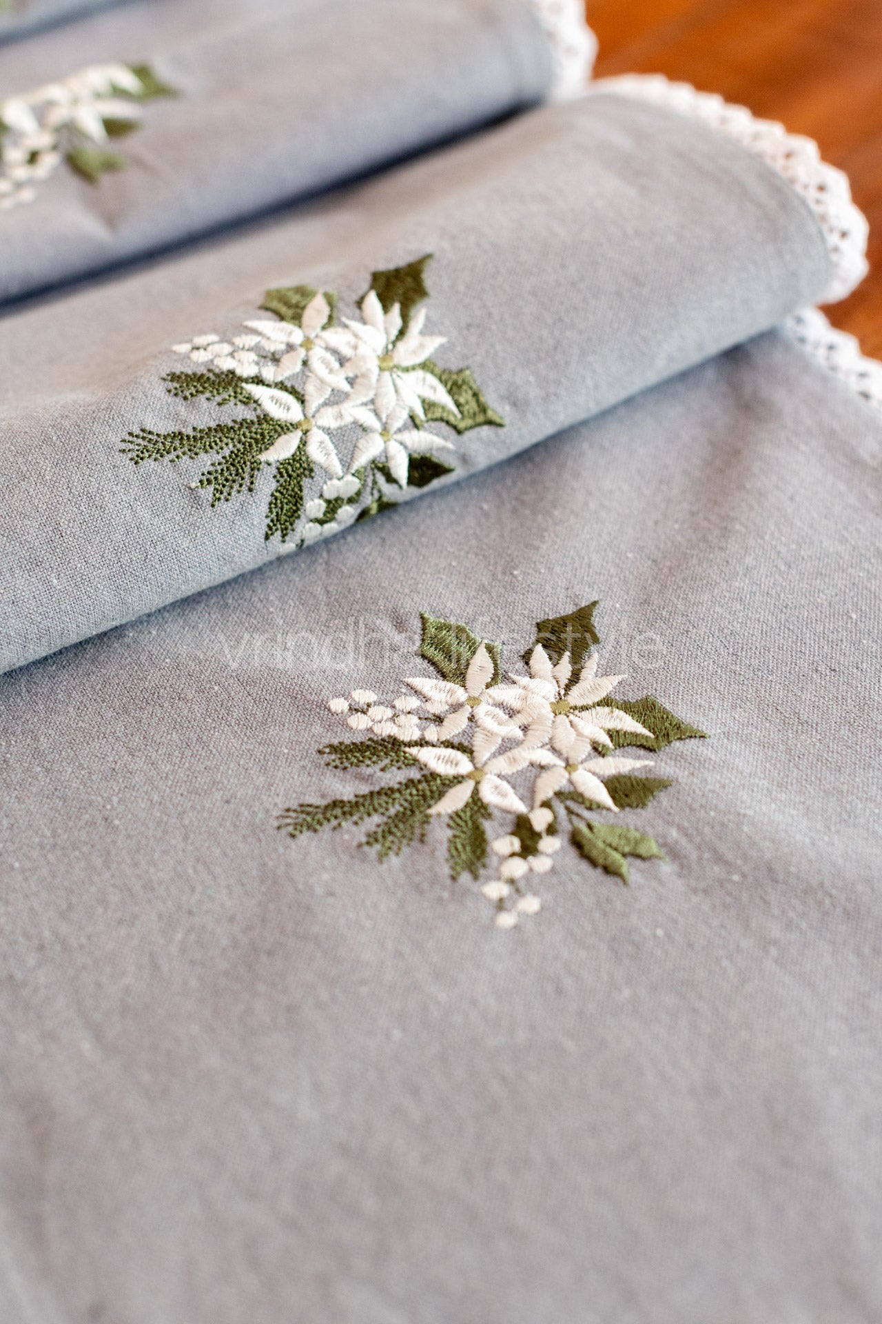 Cotton table runner with embroidery and lace detailing -12x70 inches