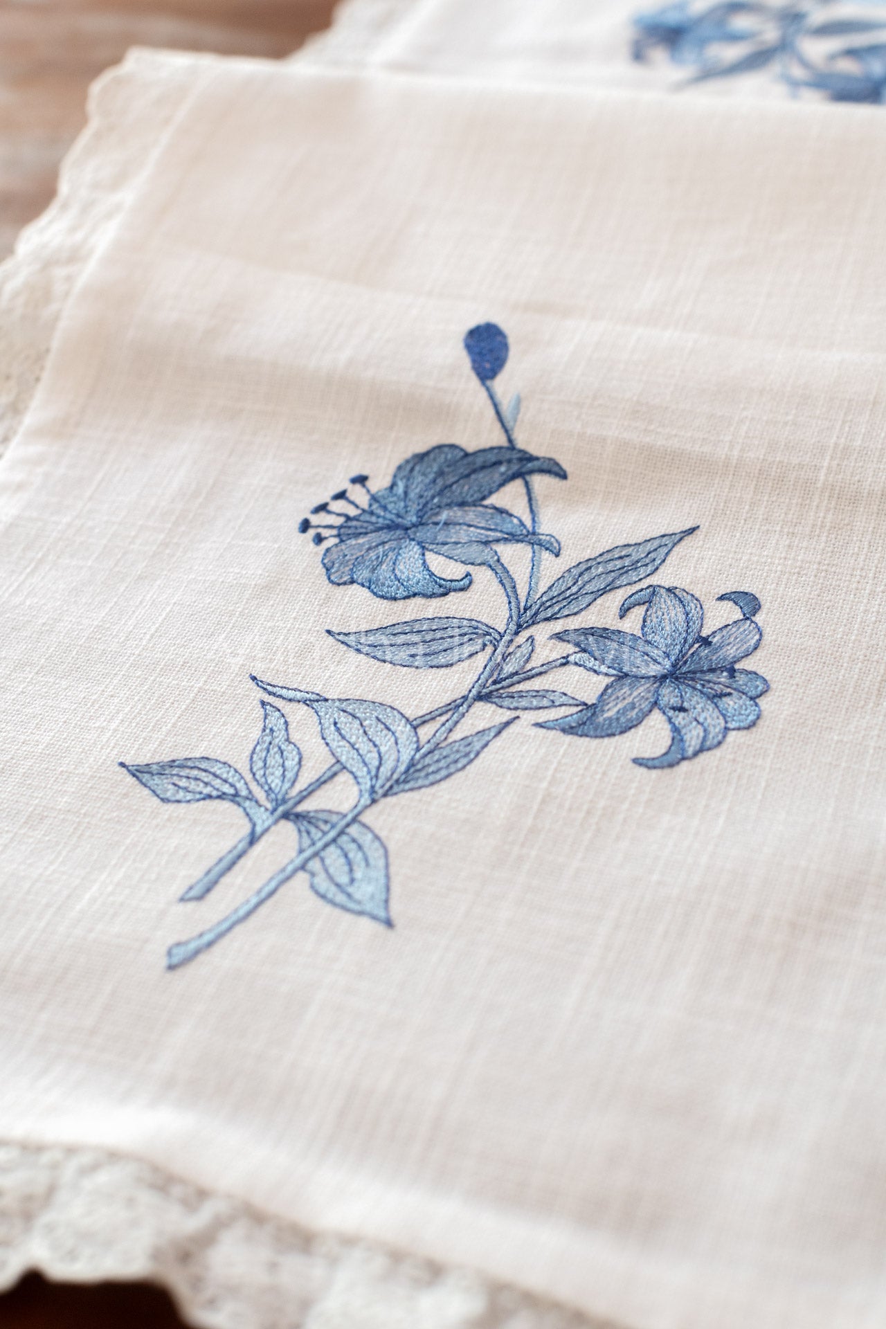 Cotton coffee table runner with embroidery and lace detailing -12x36 inches