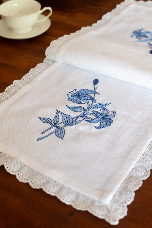 Cotton coffee table runner with embroidery and lace detailing -12x36 inches