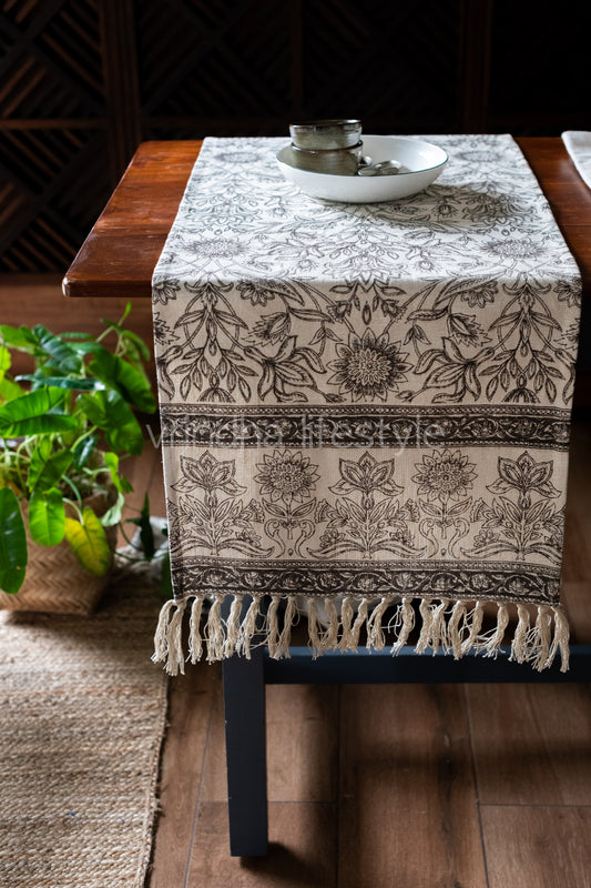 Handloom cotton Woven table runner with tassels-8 seater