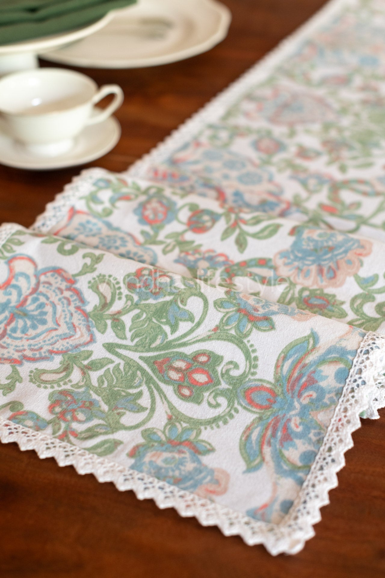 Printed cotton table runner with lace detailing-12x56 - inches