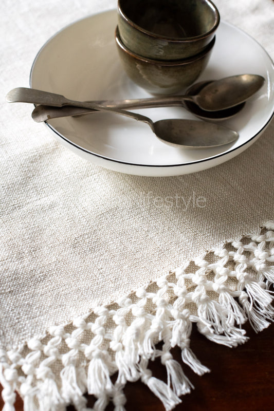 Handloom cotton Woven table runner with tassels-6 and 8 seater