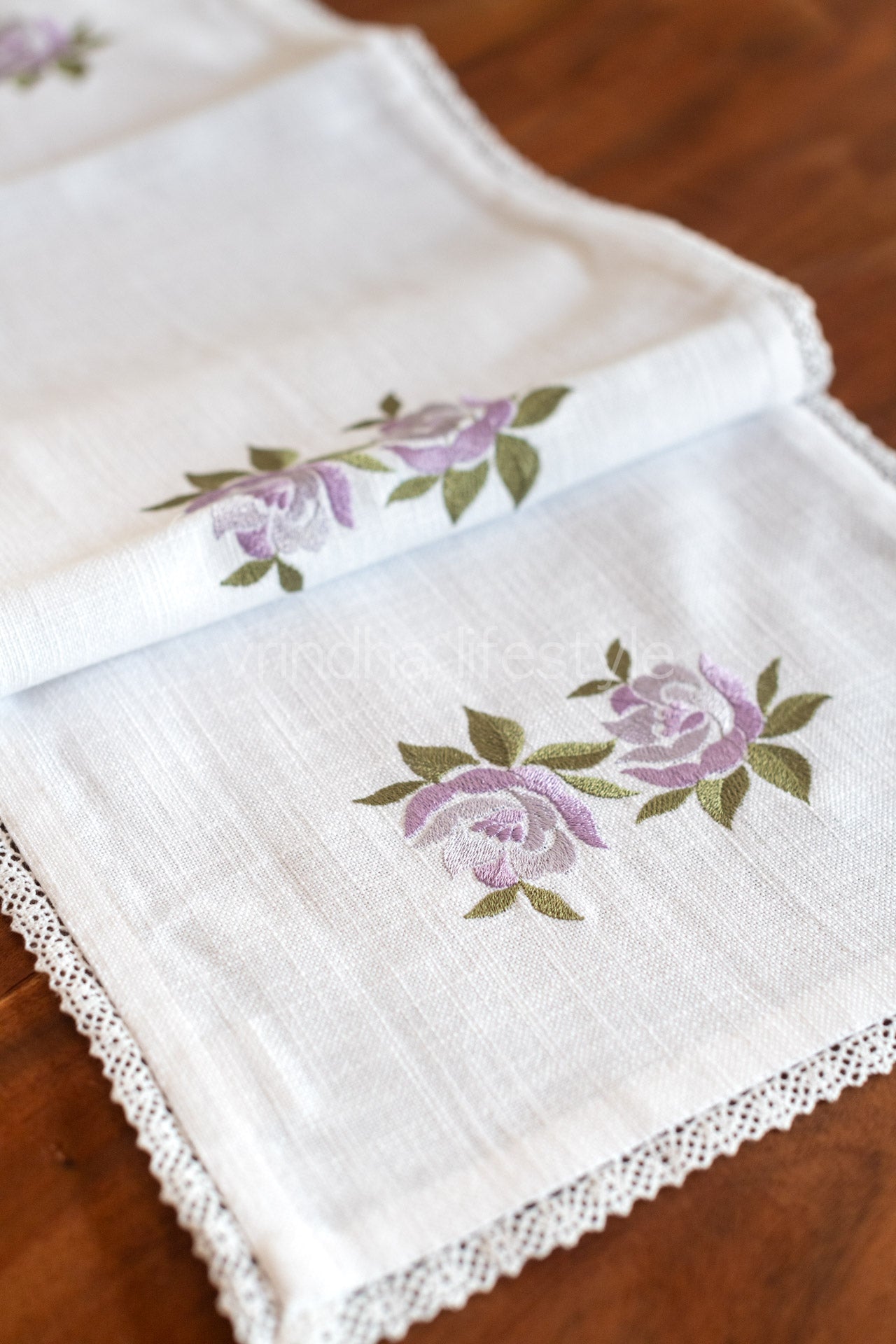 Cotton table runner with floral embroidery and lace detailing -customisable
