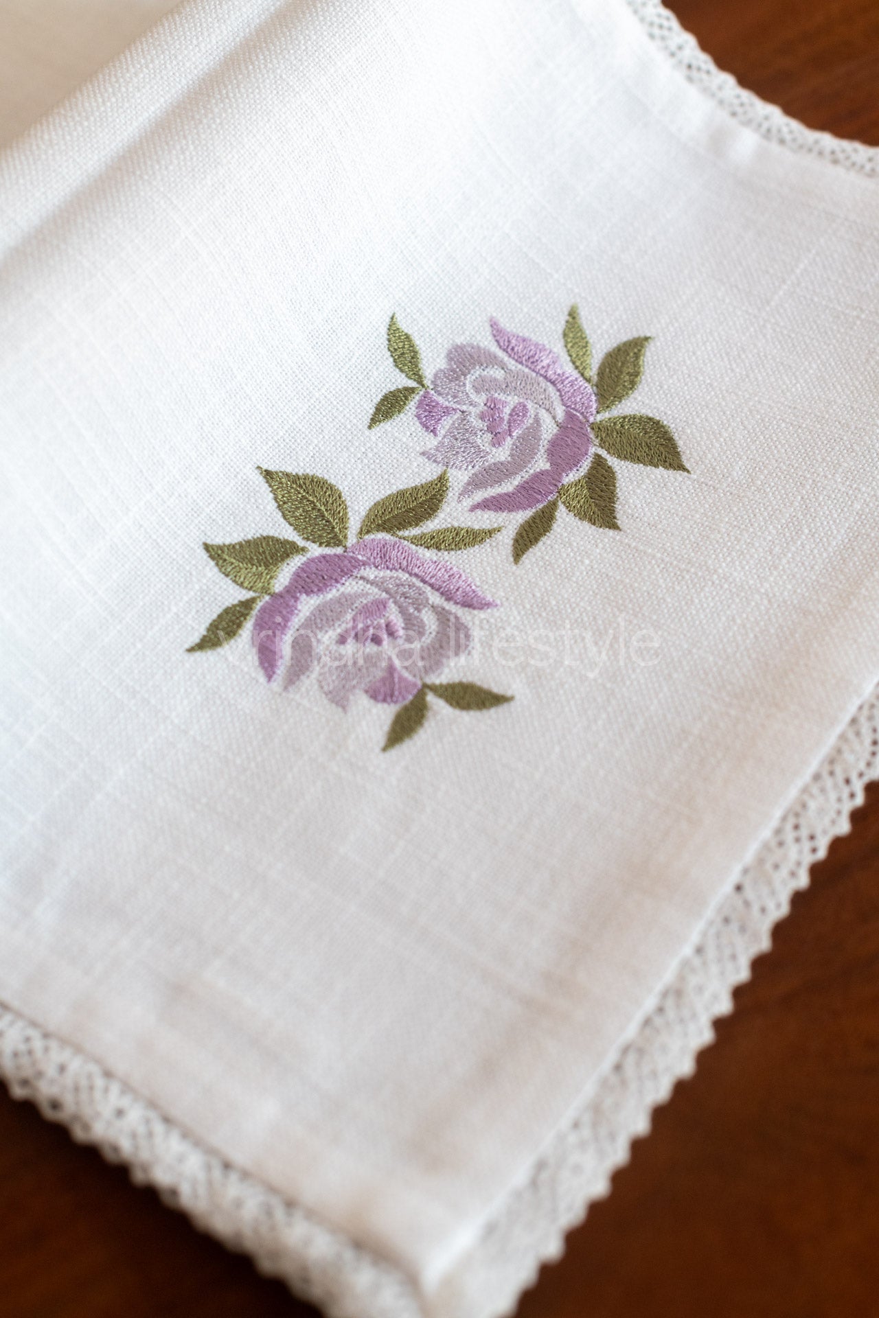 Cotton table runner with floral embroidery and lace detailing -customisable