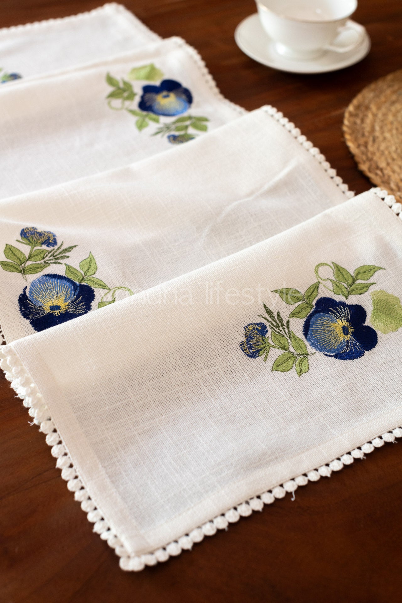 Cotton table runner with embroidery and lace detailing -12x44 inches