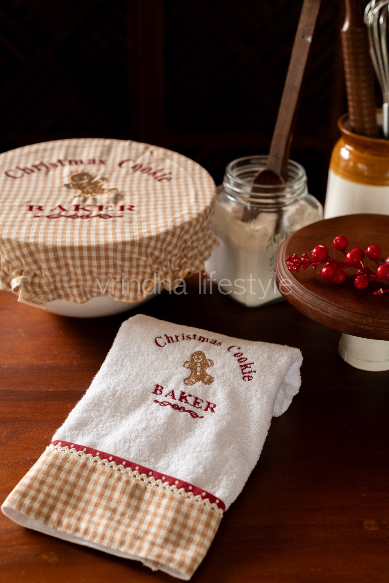 Reversible Fabric bowl covers-Set of 1 medium size bowl cover with 1 kitchen towel -Bakers 2 pcs gift set