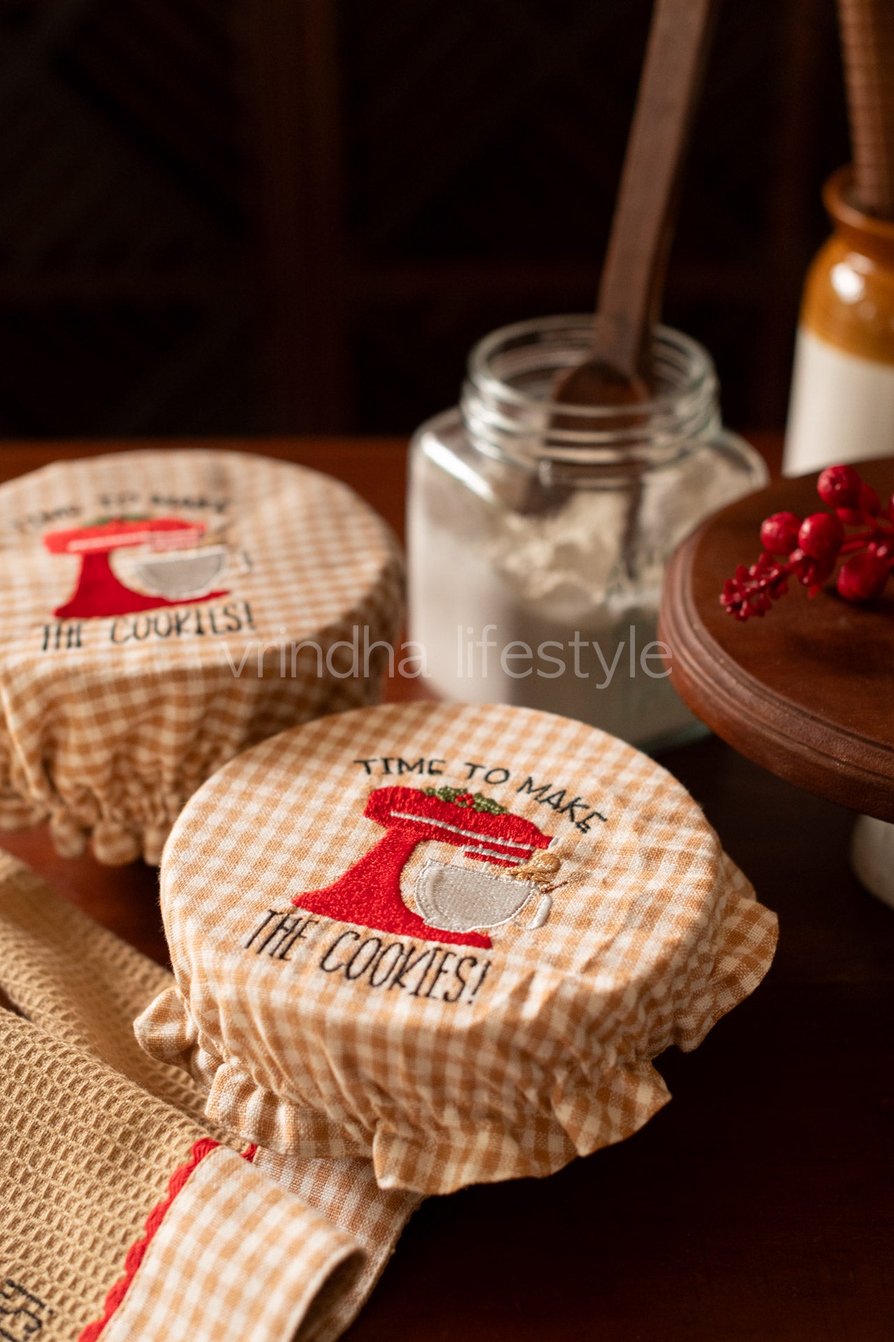 Reversible Fabric bowl covers-Set of 2 (medium and large) with one kitchen towel with embroidery -Bakers 3 pcs gift set