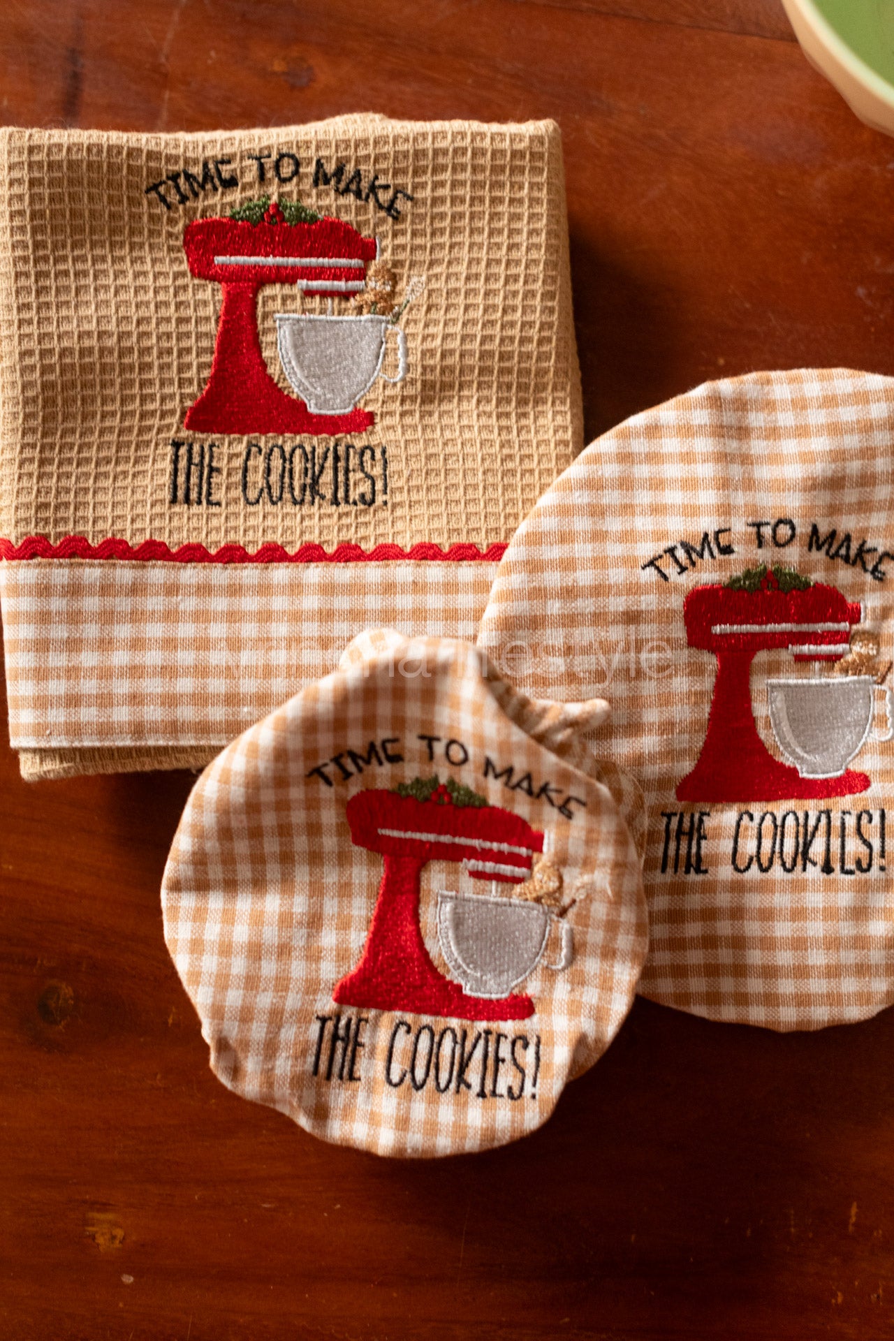 Reversible Fabric bowl covers-Set of 2 (medium and large) with one kitchen towel with embroidery -Bakers 3 pcs gift set