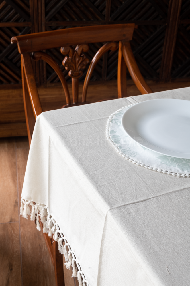 COTTON TABLE CLOTH WITH TASSELS-2 to 4 seater