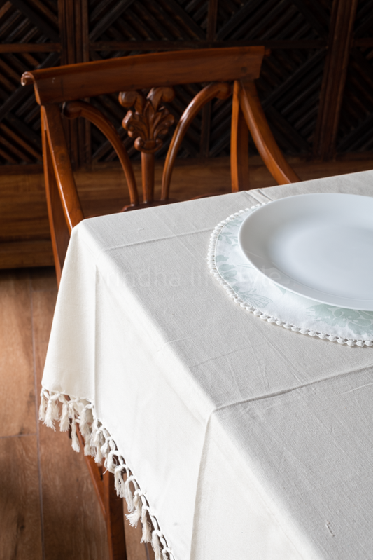 COTTON TABLE CLOTH WITH TASSELS-2 to 4 seater