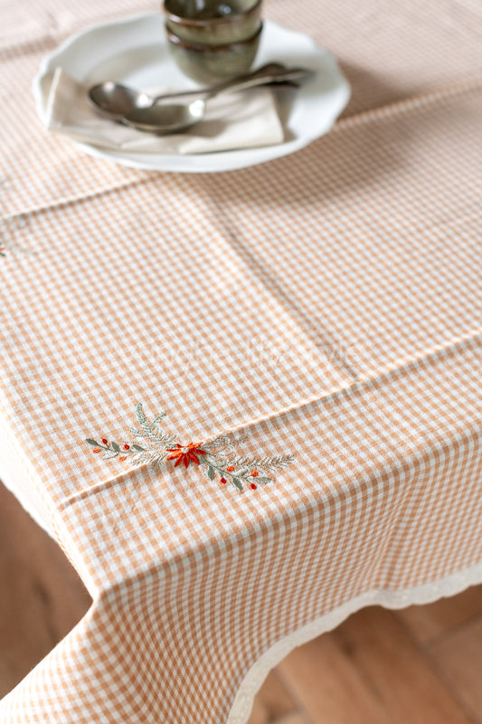 Cotton table cloth with embroidery and lace detailing -coffee table