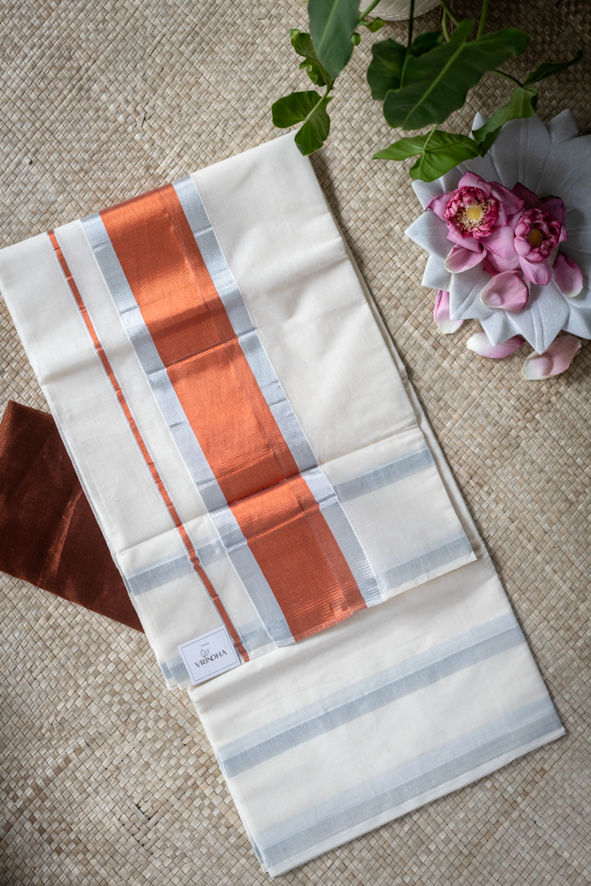 KERALA KASAVU SAREE-Copper/silver