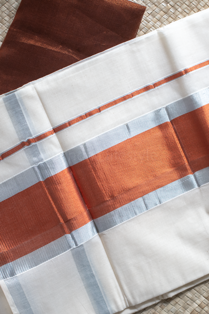 KERALA KASAVU SAREE-Copper/silver