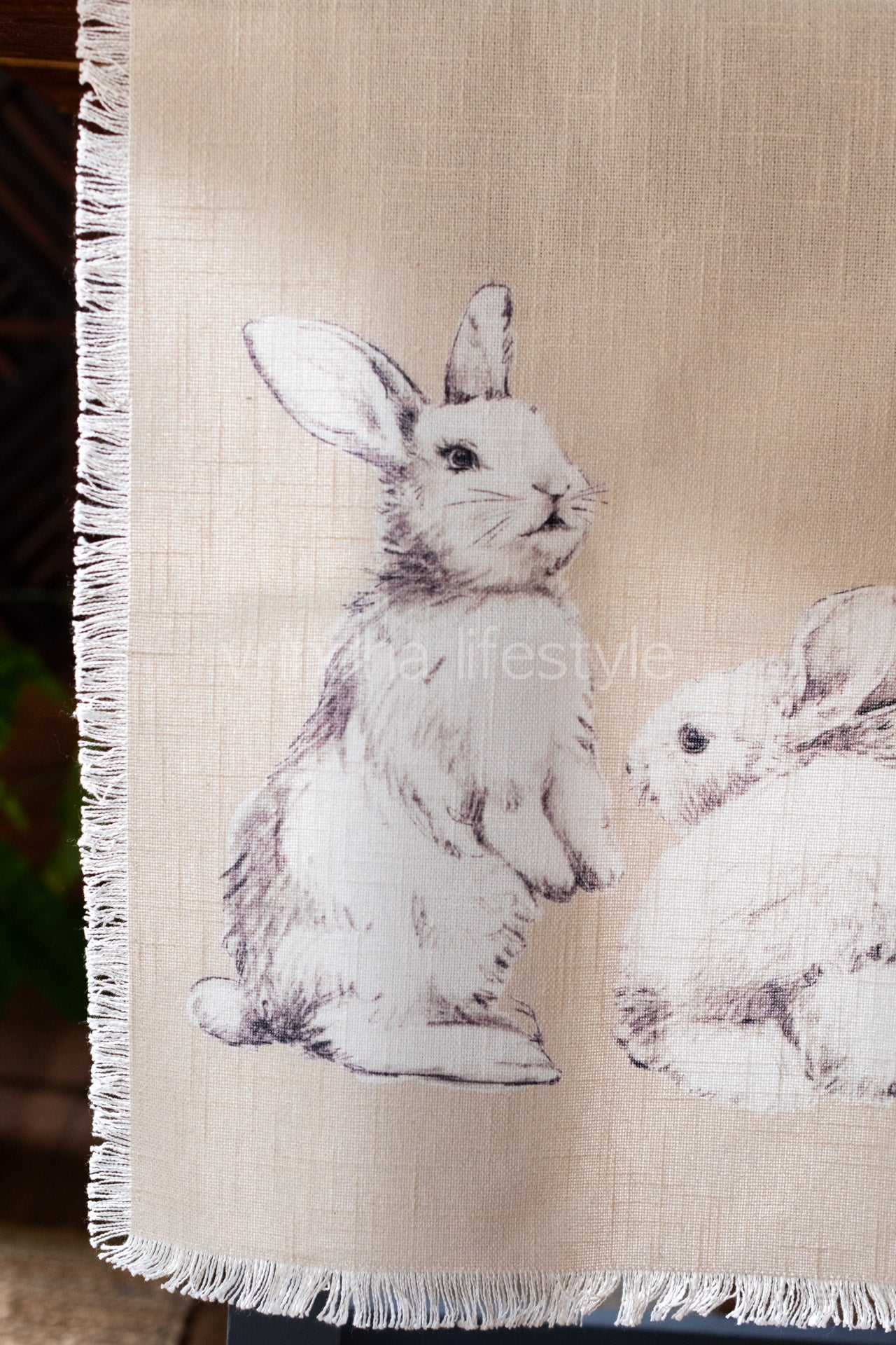 Jute cotton printed table runner with fringe-4/6 seater-Rabbit print table runner