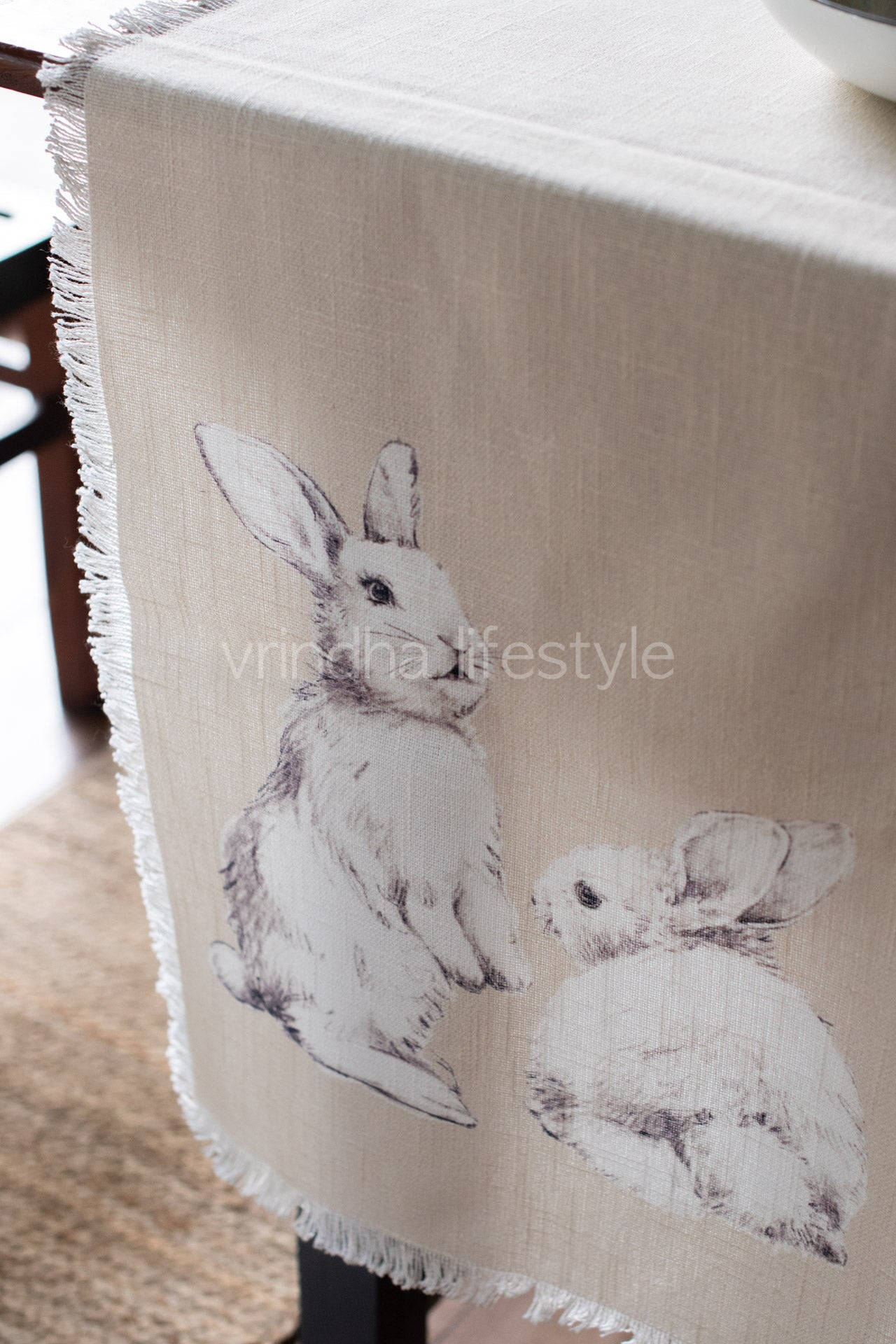 Jute cotton printed table runner with fringe-4/6 seater-Rabbit print table runner