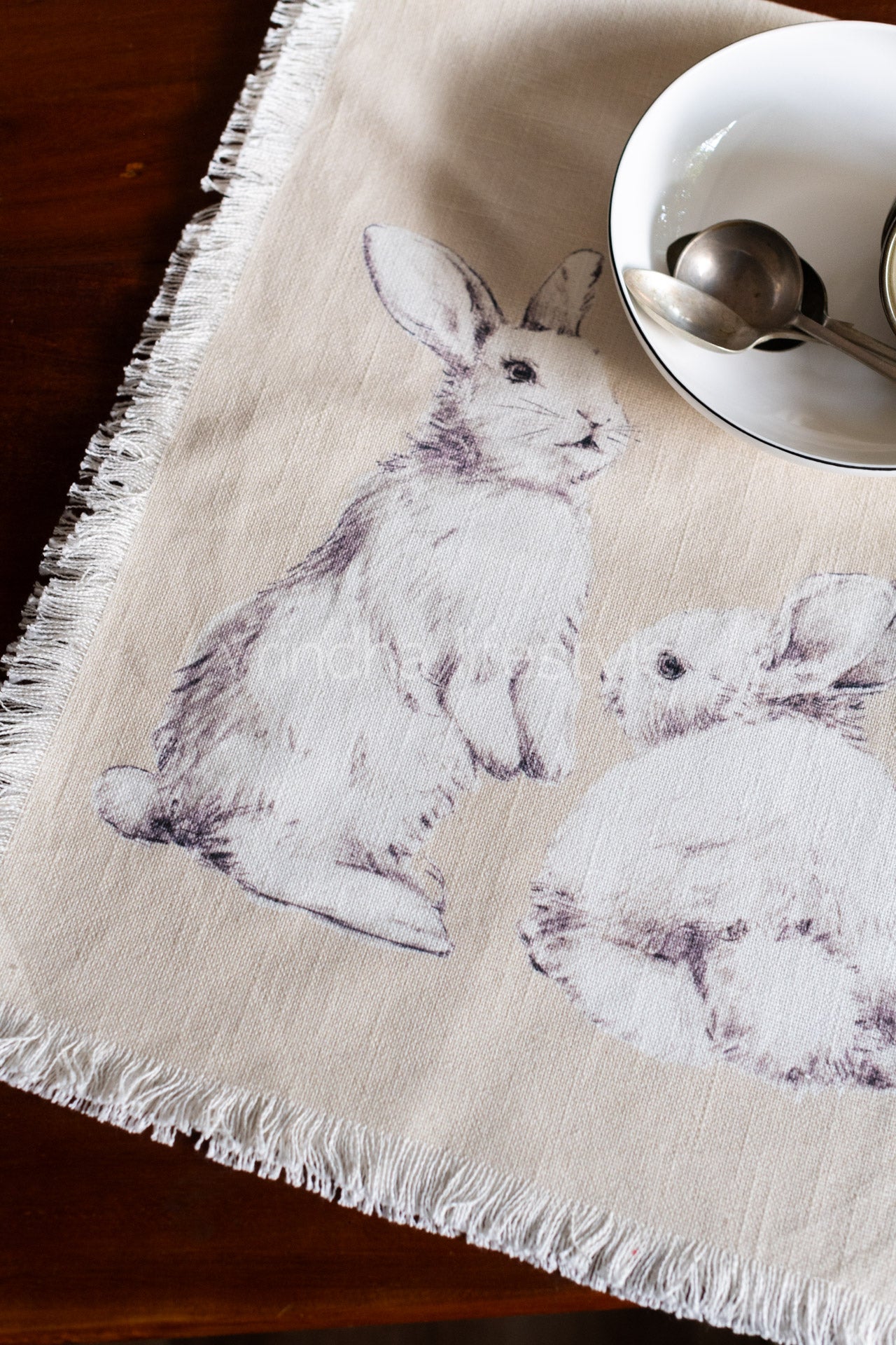 Jute cotton printed table runner with fringe-4/6 seater-Rabbit print table runner