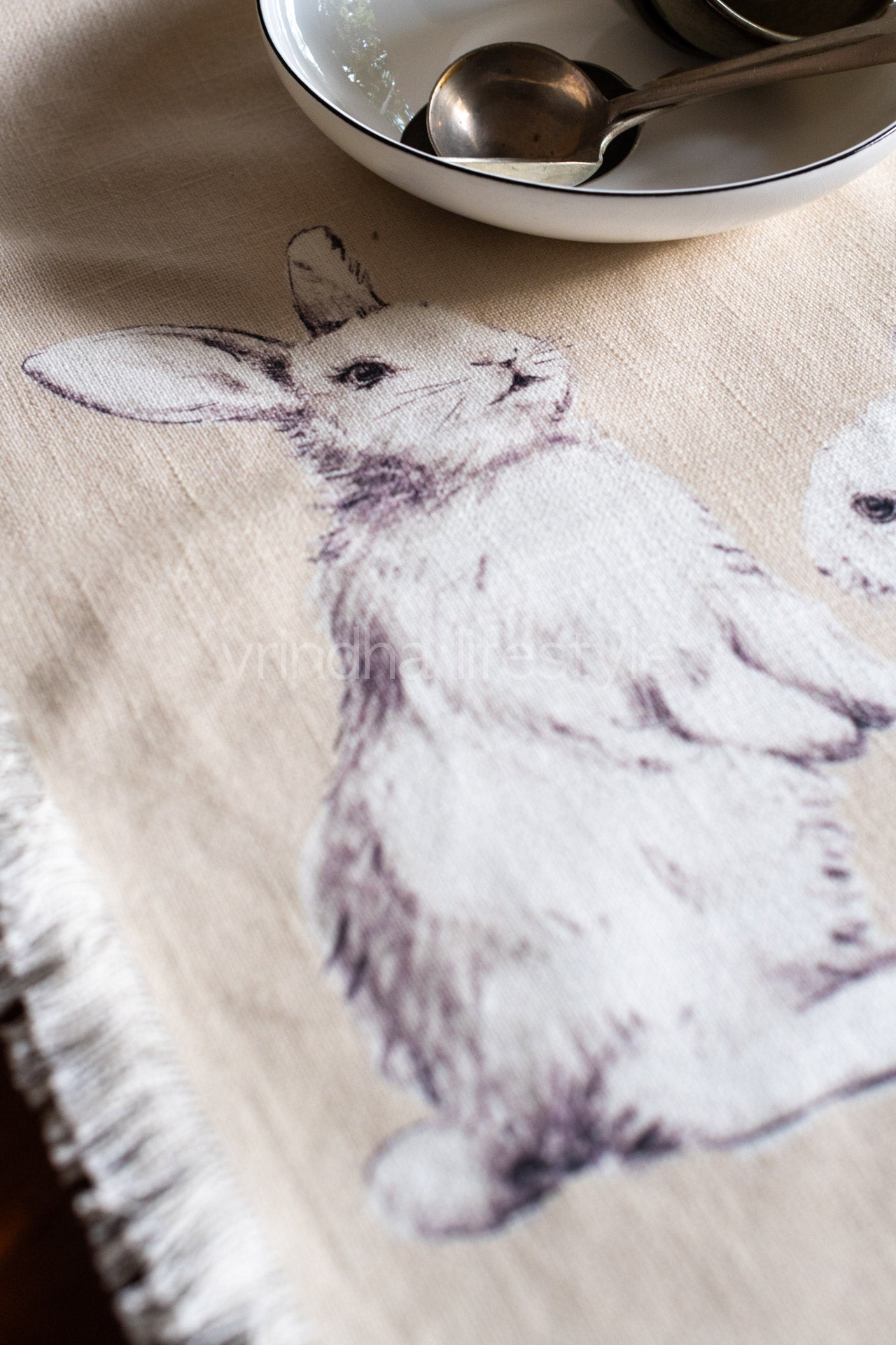 Jute cotton printed table runner with fringe-4/6 seater-Rabbit print table runner