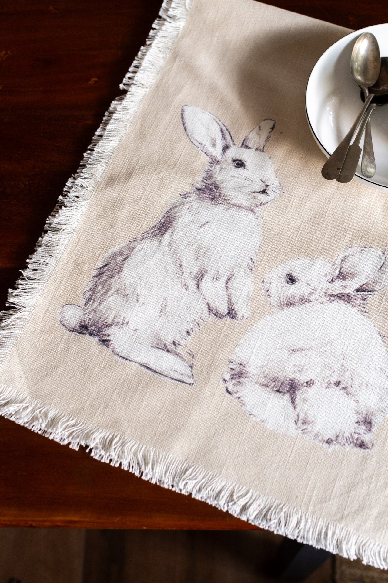 Jute cotton printed table runner with fringe-4/6 seater-Rabbit print table runner