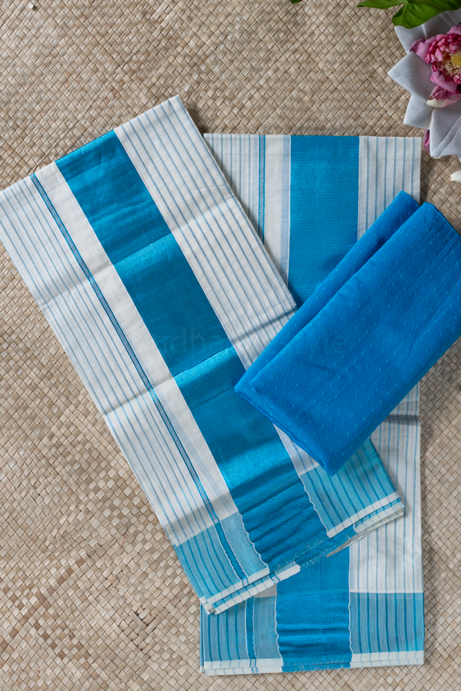 KERALA SET MUNDU-mettalic blue stripes