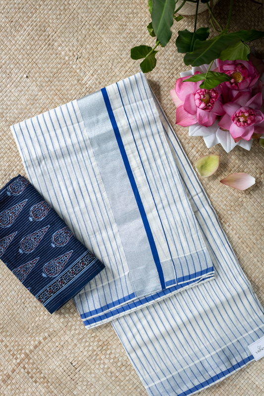 KERALA KASAVU SAREE-Navy blue stripes