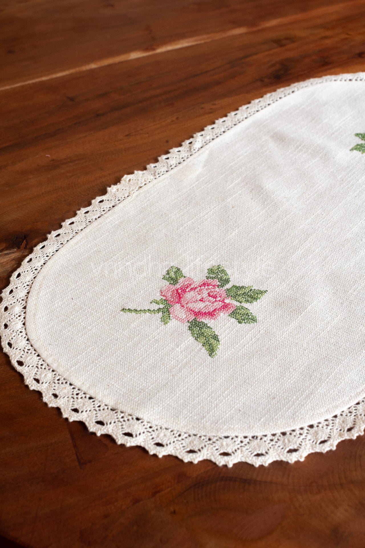 Cotton table runner with cross stitch embroidery and lace detailing -customisable