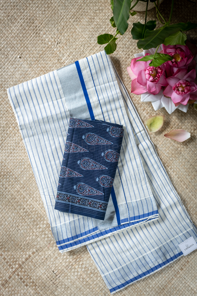 KERALA KASAVU SAREE-Navy blue stripes