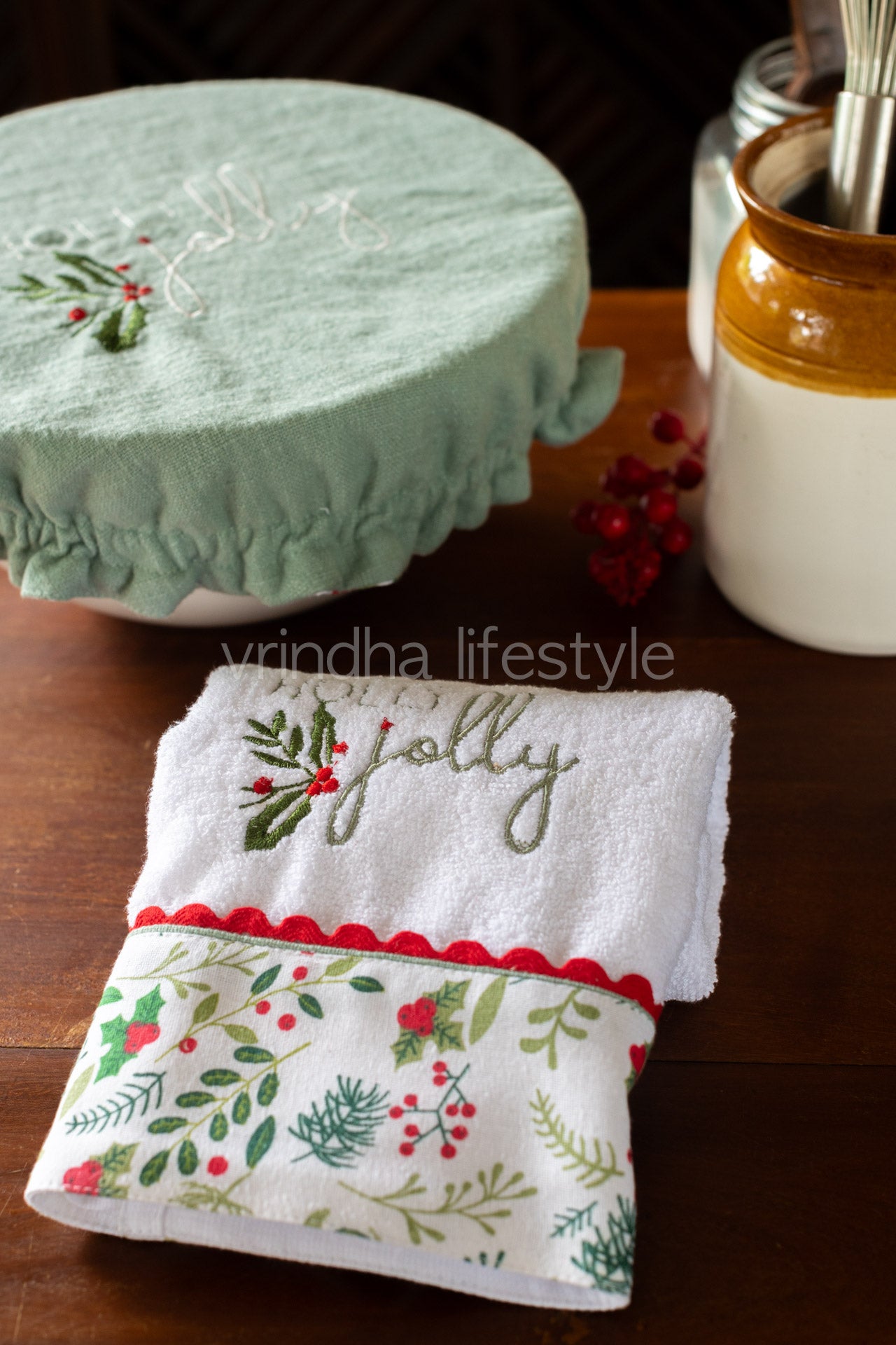 Reversible Fabric bowl covers-Set of 1 medium size bowl cover with 1 kitchen towel -Bakers 2 pcs gift set