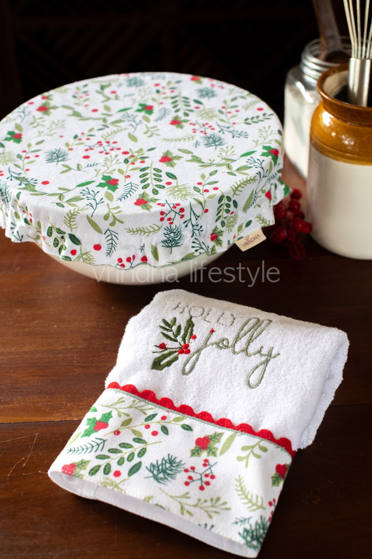 Reversible Fabric bowl covers-Set of 1 medium size bowl cover with 1 kitchen towel -Bakers 2 pcs gift set