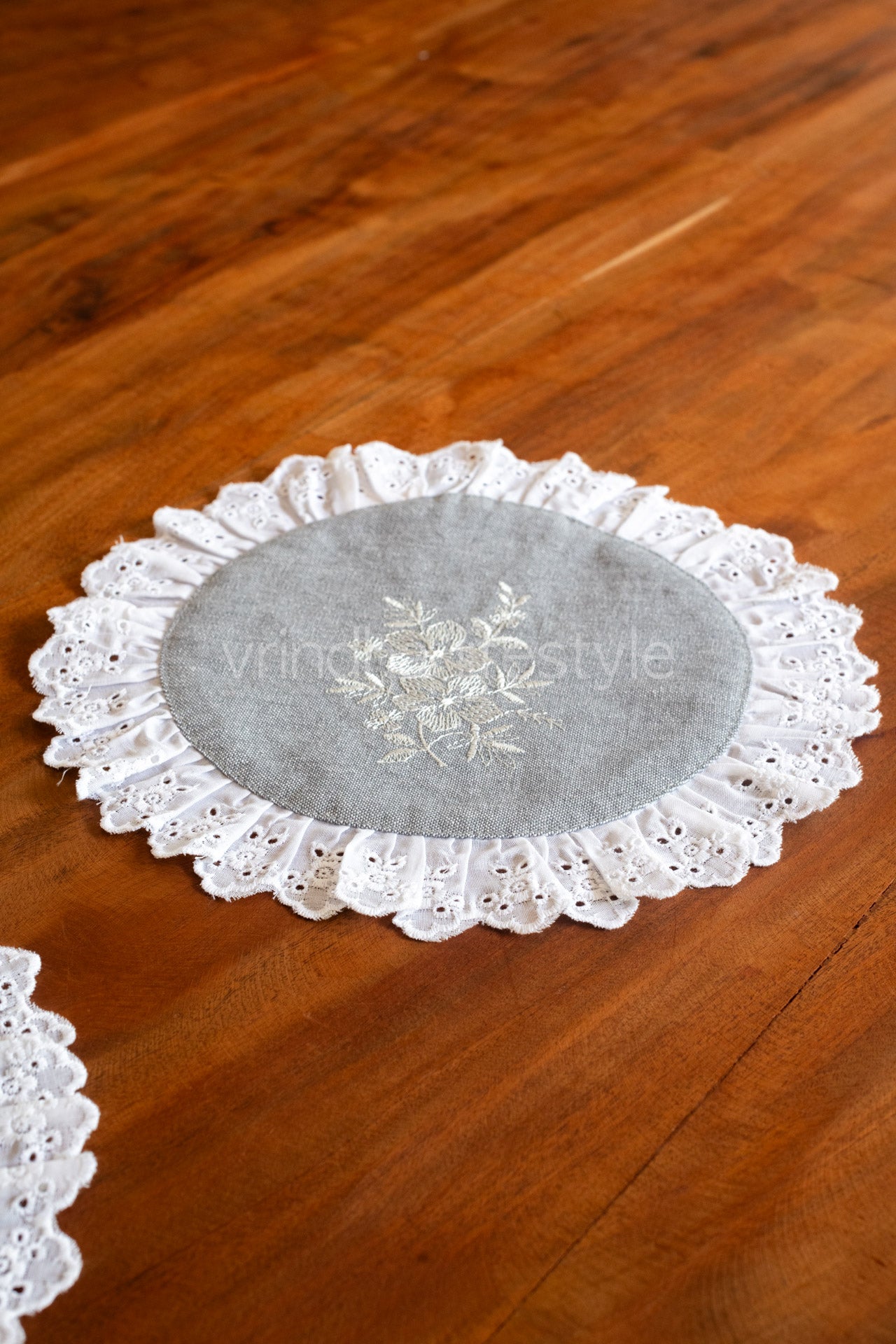 Round embroidered table mat with lace detailing ,10 inches-Single unit