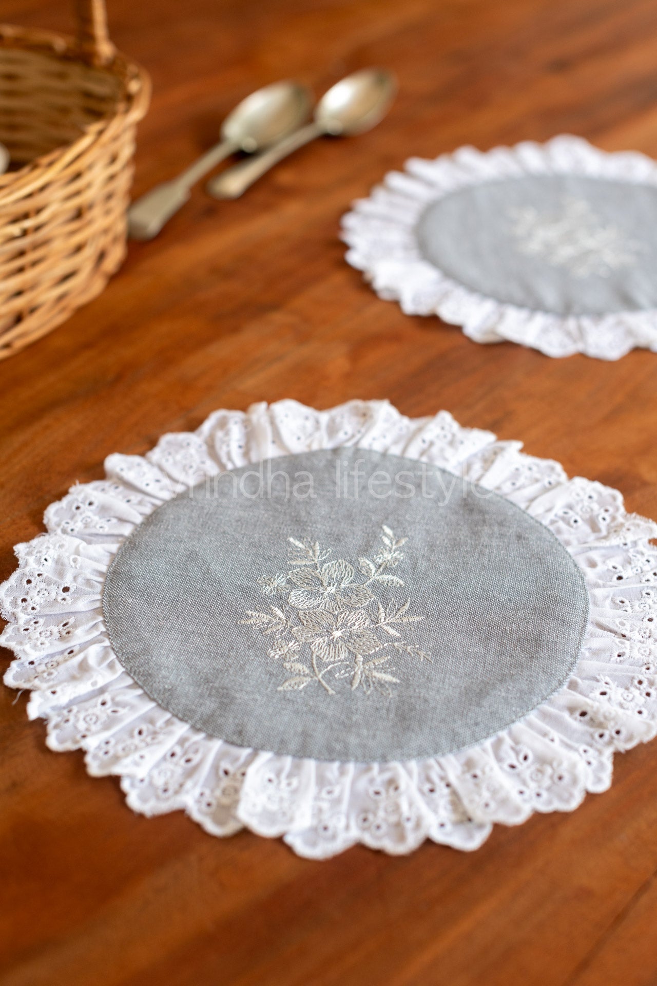 Round embroidered table mat with lace detailing ,10 inches-Single unit