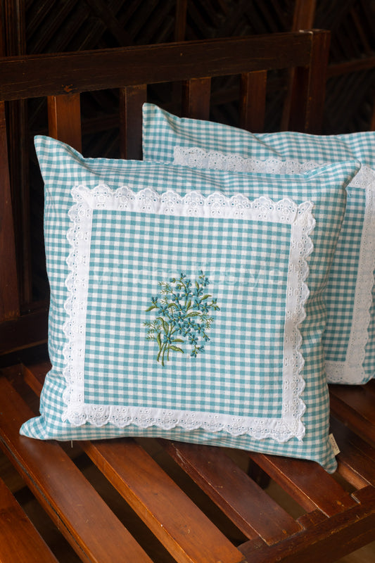 Cotton cushion cover with embroidery and lace detailing -Single unit- 16x16 inches( Customisable)