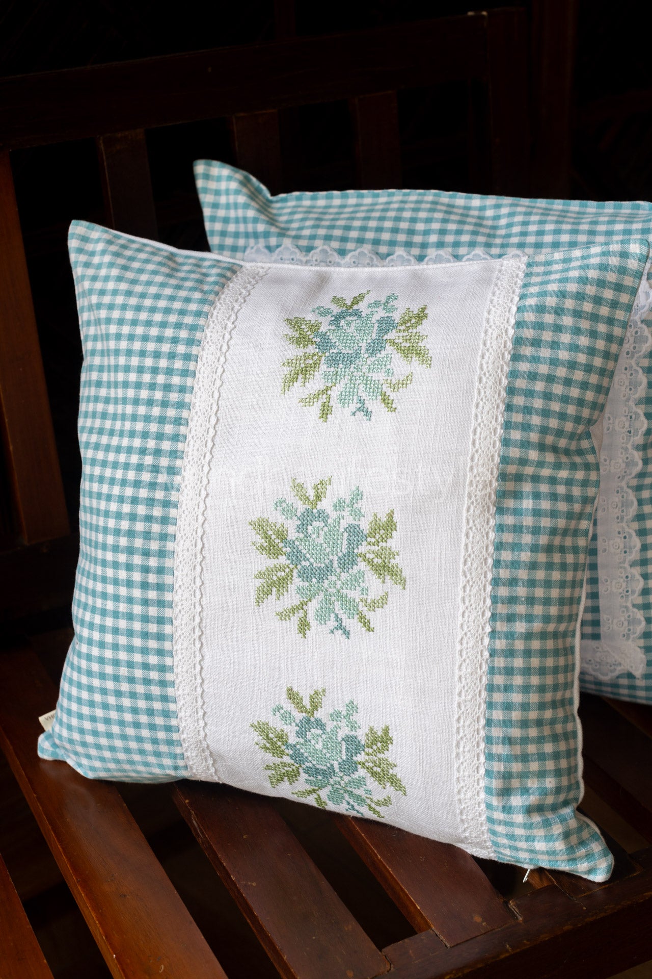 Cotton cushion cover with embroidery and lace detailing -Single unit- 16x16 inches( Customisable)
