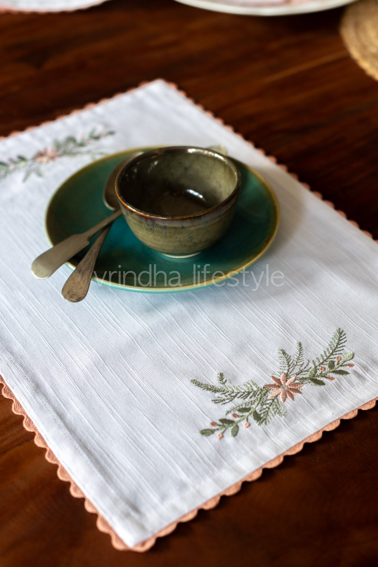 Embroidered place mat with lace detailing-single unit-customisable