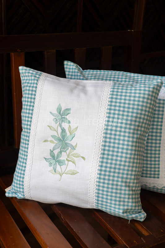 Cotton cushion cover with embroidery and lace detailing -Single unit- 16x16 inches( Customisable)