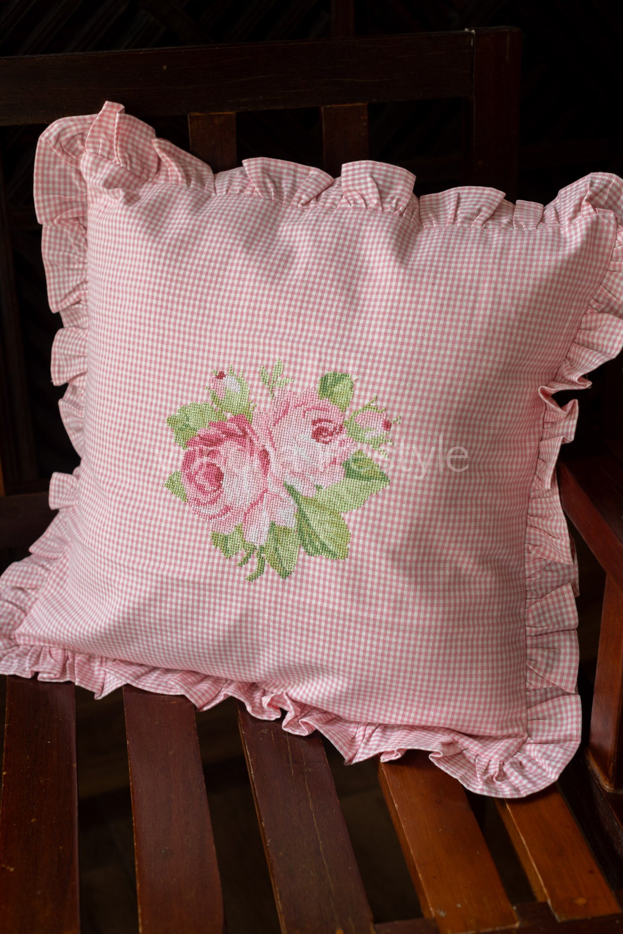 Cotton cushion cover with cross stitch embroidery and frill detailing-Single unit- 16x16 inches( Customisable)