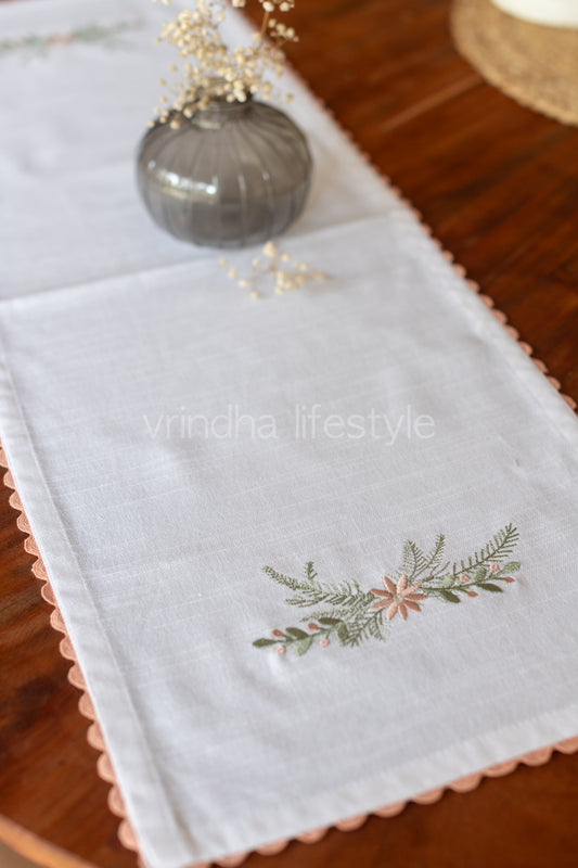 Cotton table runner with embroidery and lace detailing - 11 x31 inches-coffee table runner-customisable