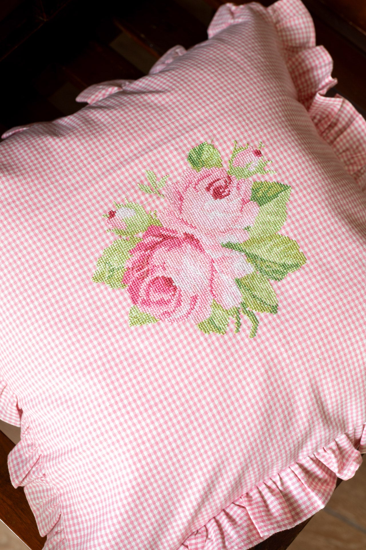 Cotton cushion cover with cross stitch embroidery and frill detailing-Single unit- 16x16 inches( Customisable)