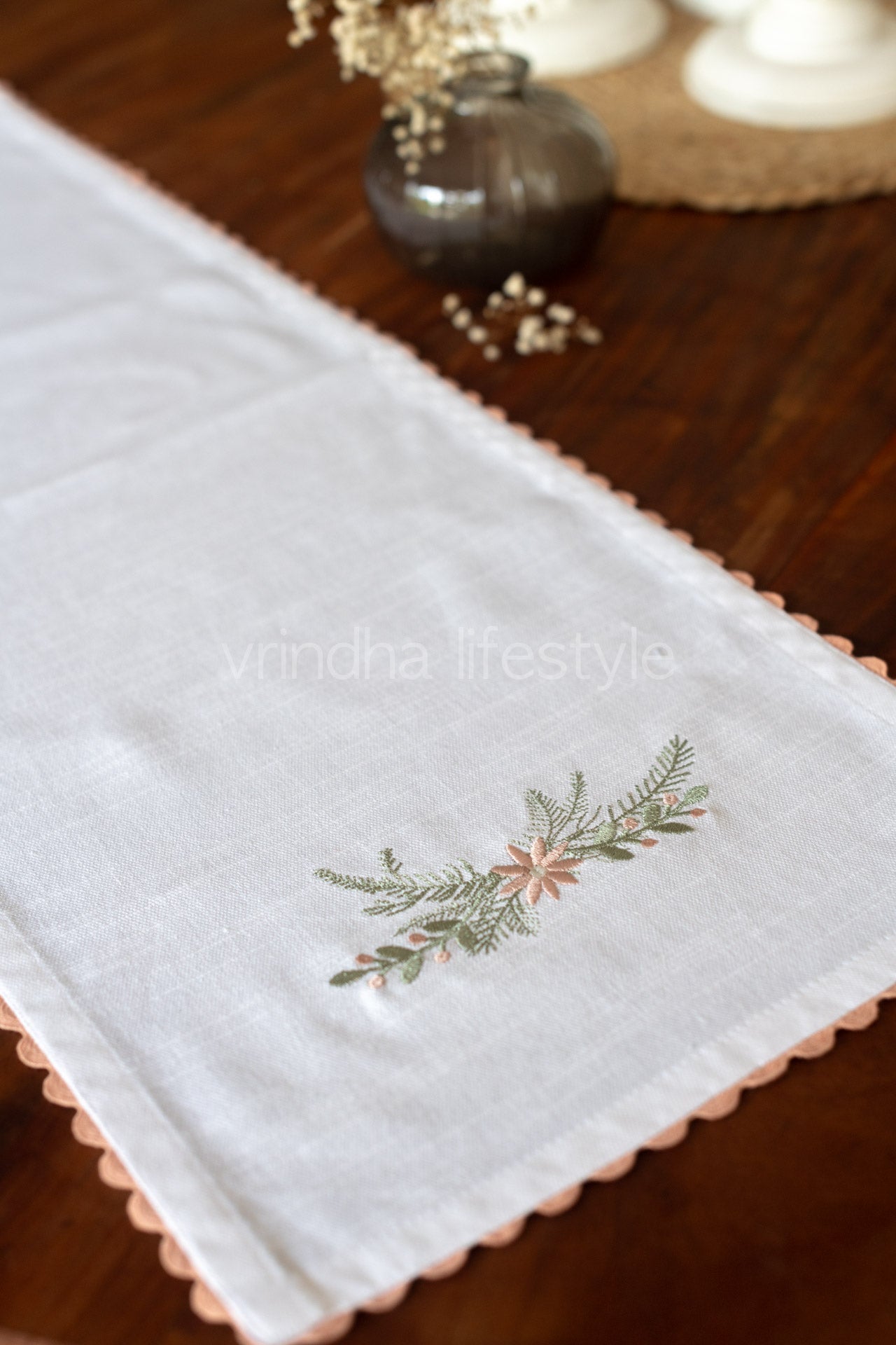 Cotton table runner with embroidery and lace detailing - 11 x31 inches-coffee table runner-customisable