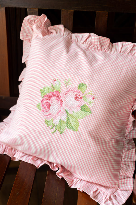 Cotton cushion cover with cross stitch embroidery and frill detailing-Single unit- 16x16 inches( Customisable)