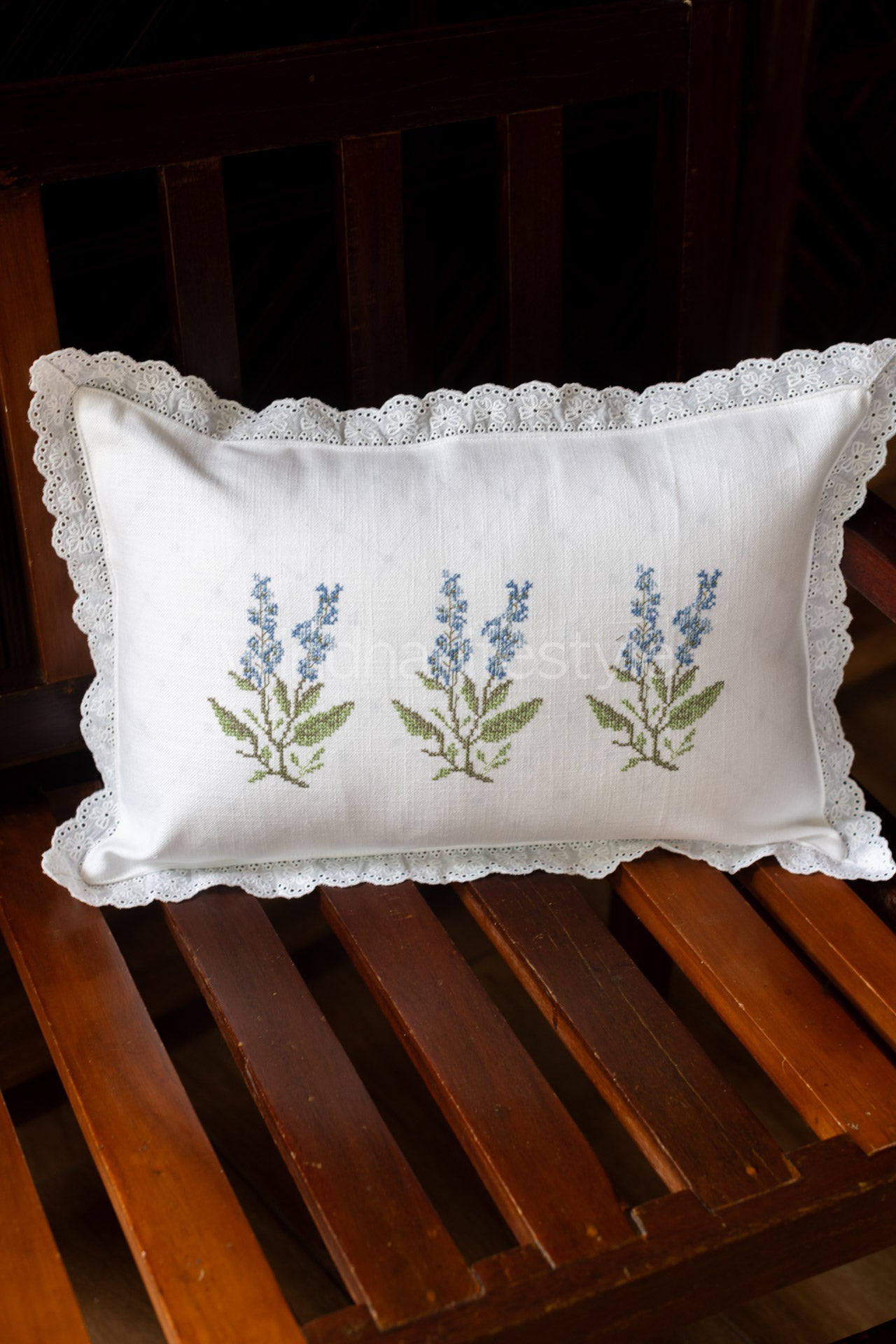 Cotton pre-filled cushion cover with embroidery and lace detailing -12x18 inches-single unit