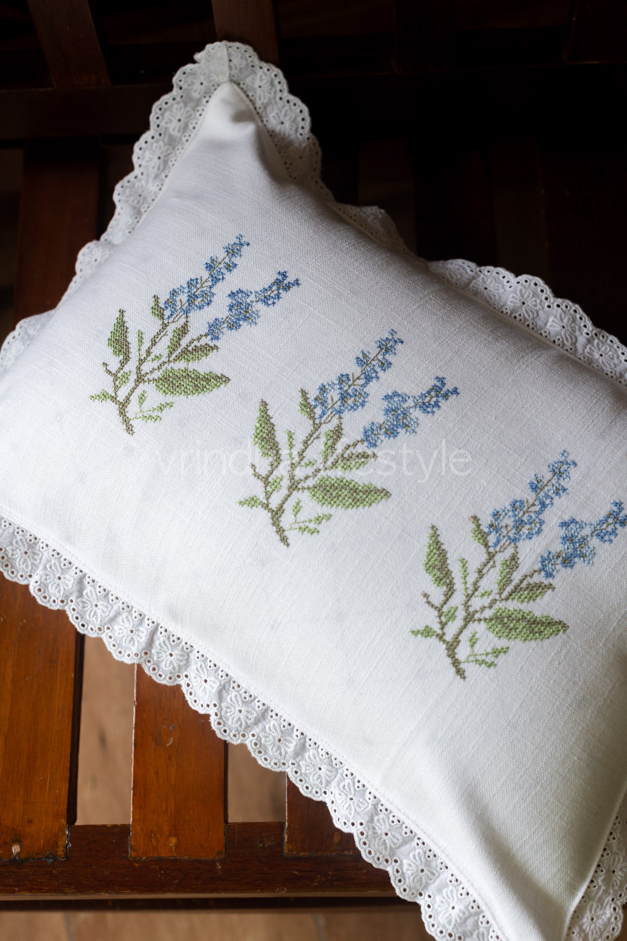 Cotton pre-filled cushion cover with embroidery and lace detailing -12x18 inches-single unit