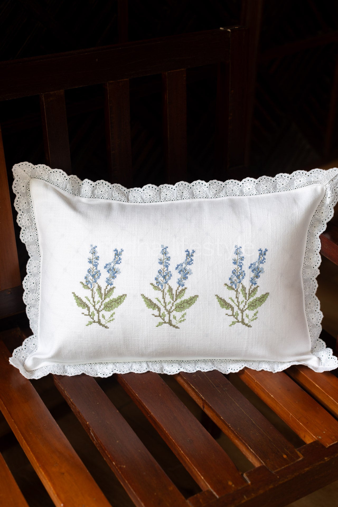 Cotton pre-filled cushion cover with embroidery and lace detailing -12x18 inches-single unit