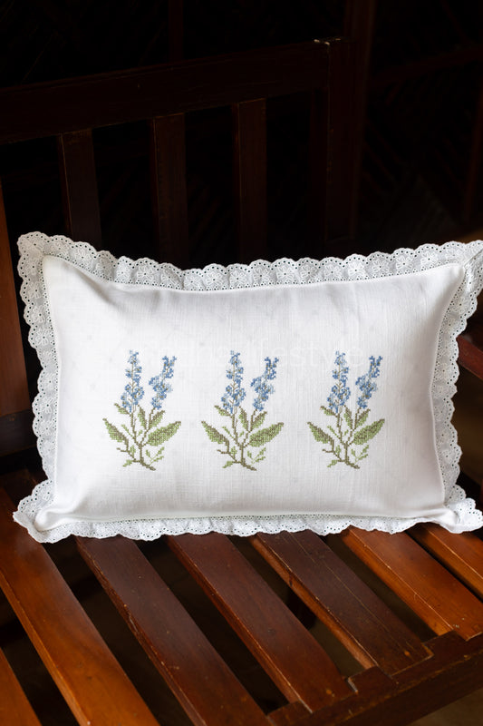 Cotton pre-filled cushion cover with embroidery and lace detailing -12x18 inches-single unit